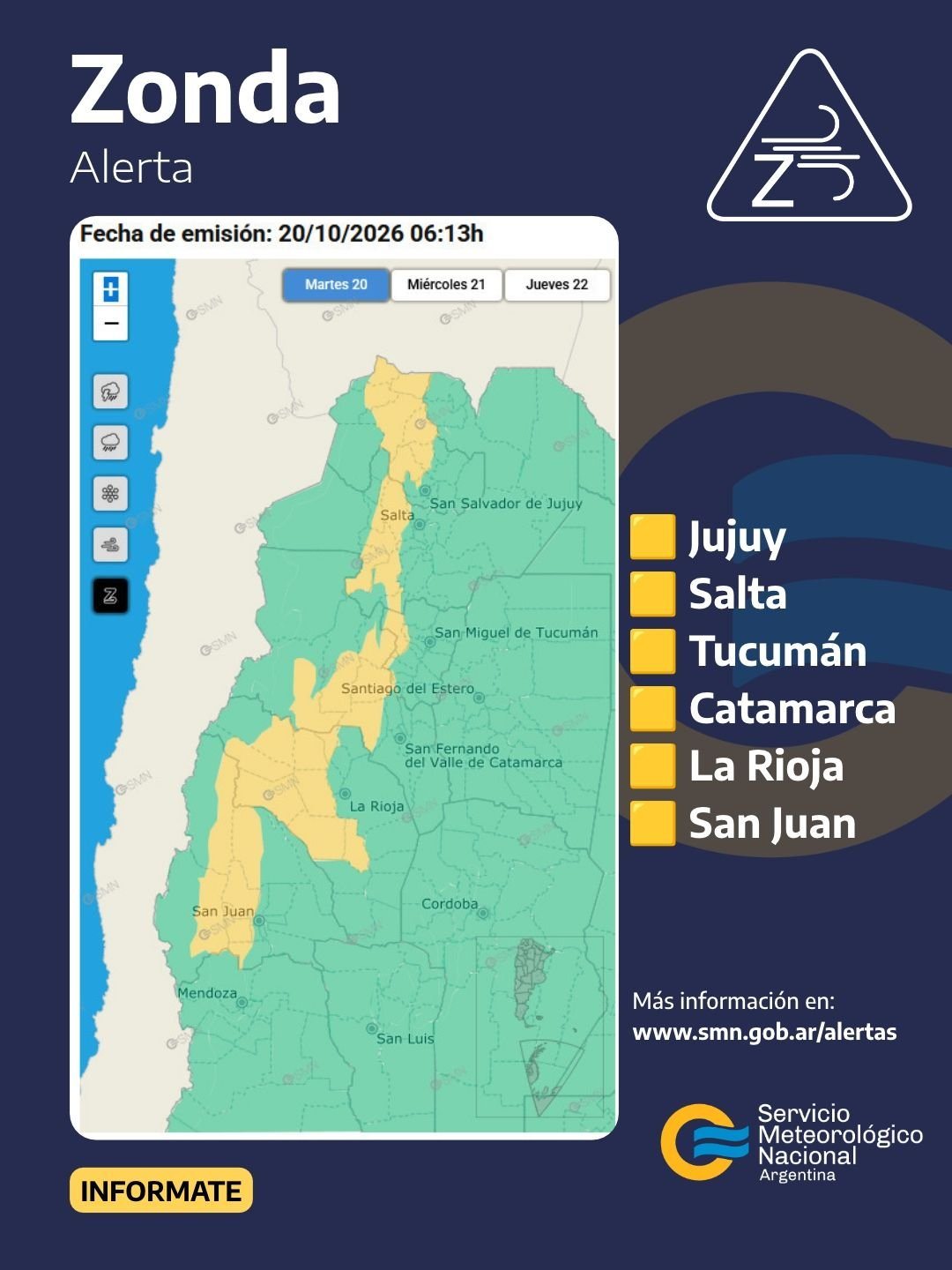 Mapa del SMN con alerta amarilla por viento Zonda en zonas de Jujuy, Salta, Tucumán, Catamarca, La Rioja y San Juan