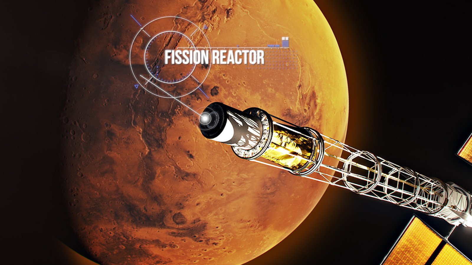 Ilustración del extremo de la nave SR-1 Freedom frente a Marte, con el rótulo en inglés «Fission reactor» señalando el cilindro de la punta del brazo.