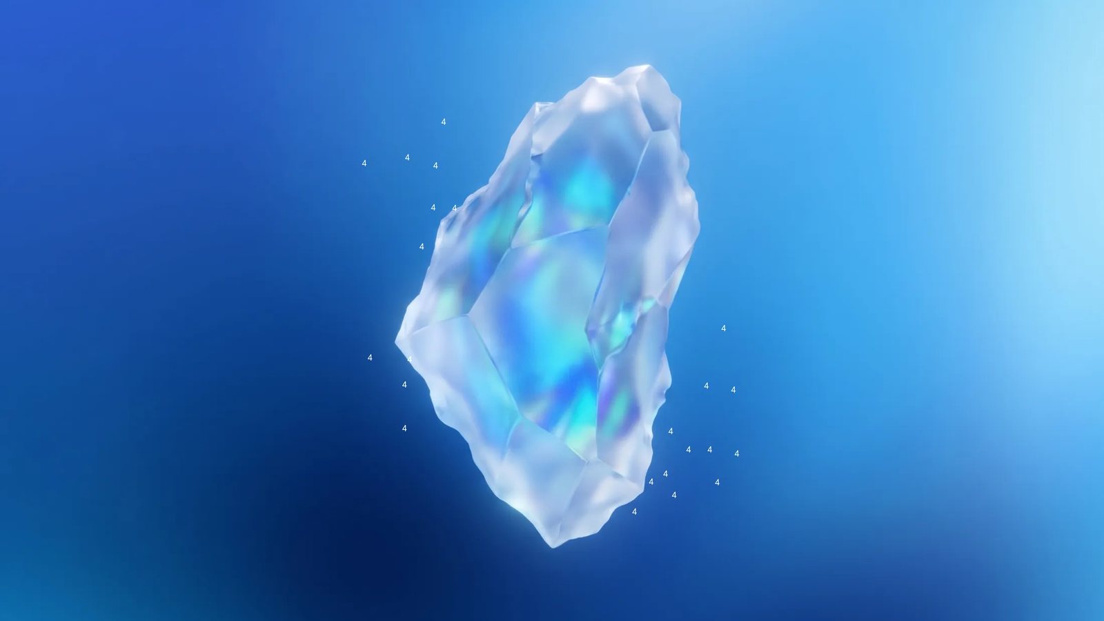 Un cristal iridiscente rodeado de números 4 flotantes sobre fondo azul, la imagen con la que Google presentó Gemini 4 Carbon