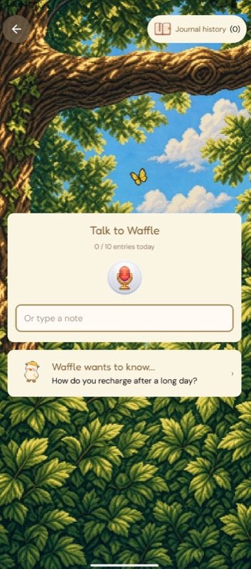 Pantalla del diario de Waddle World: botón de micrófono, campo para escribir una nota, contador de 0 sobre 10 entradas del día y una pregunta de la mascota