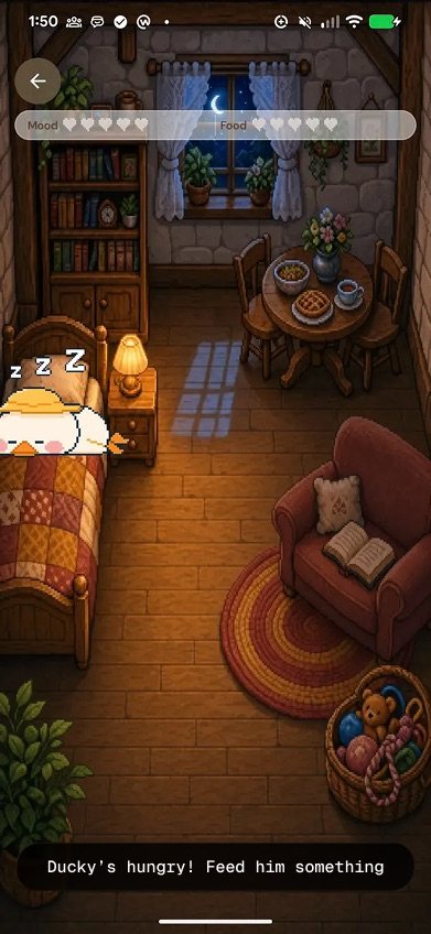 Pantalla de Waddle World: la mascota con forma de pato en una cama dentro de una casa, con indicadores de ánimo y comida y el aviso «Ducky's hungry! Feed him something»