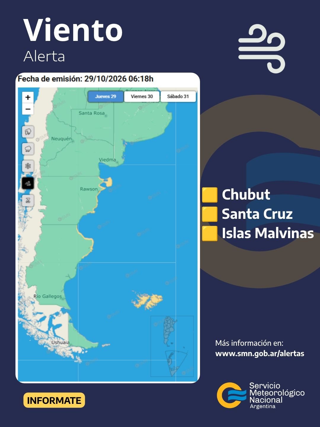 Mapa del Servicio Meteorológico Nacional con alerta amarilla por viento en la costa de Chubut, el norte de la costa de Santa Cruz y las Islas Malvinas para el 29 de octubre de 2026